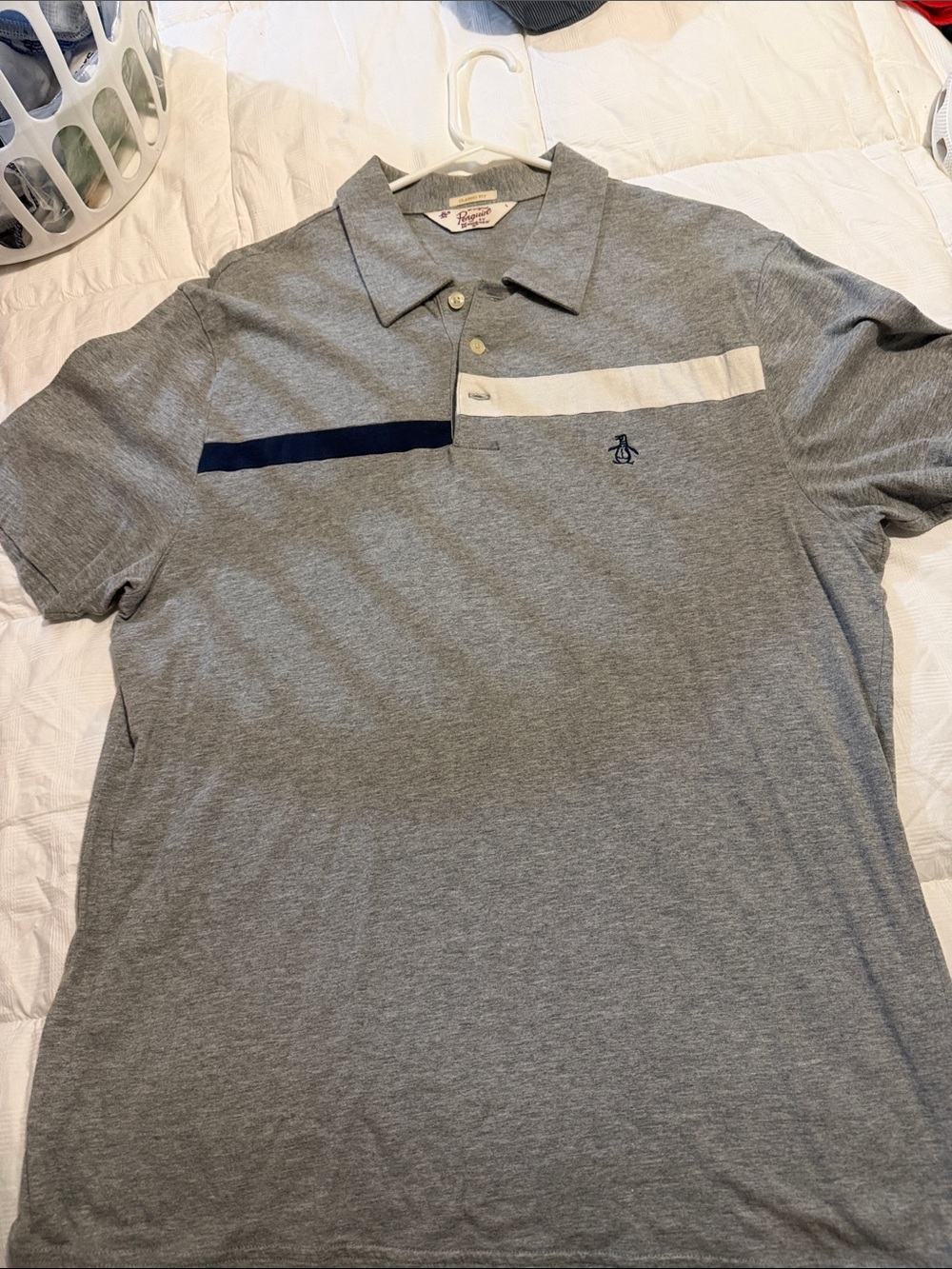 Original Penguin Grey Polo with Navy and White Stripe